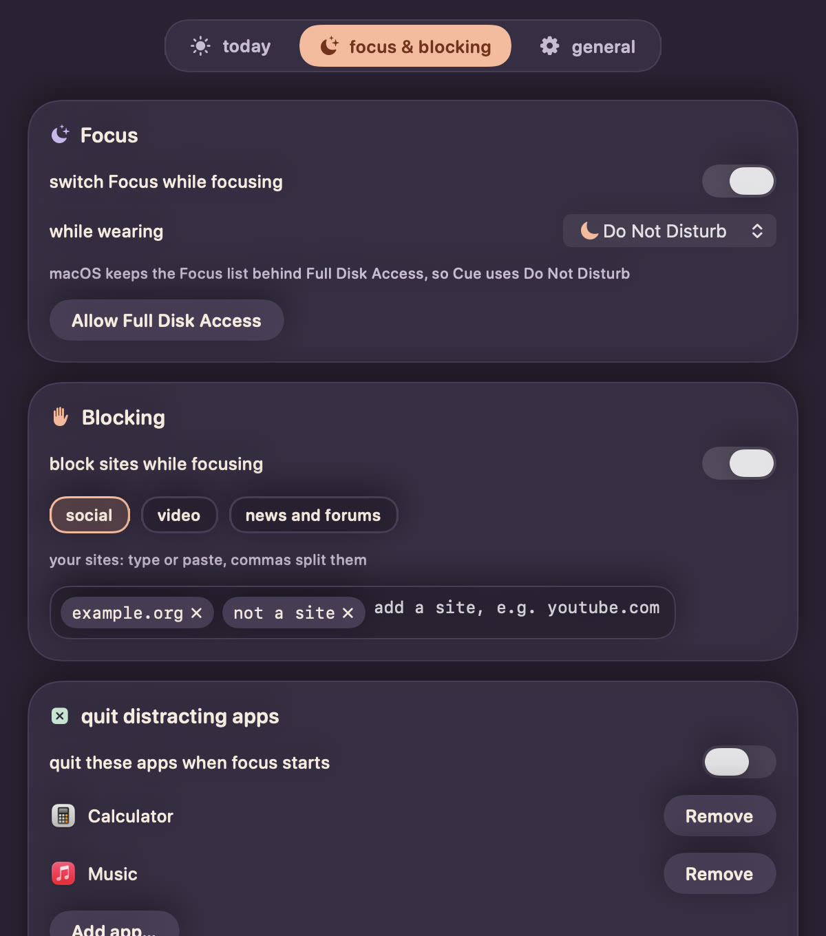 The focus and blocking tab: Focus mode, site lists and apps to quit.