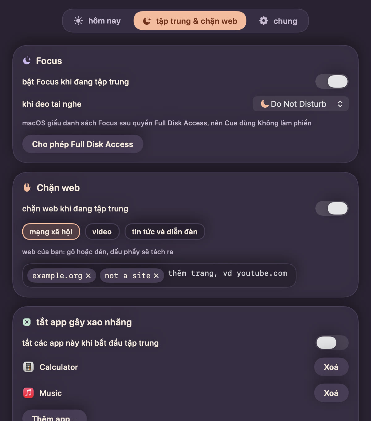 Tab tập trung và chặn web: chế độ Focus, danh sách web và app cần tắt.