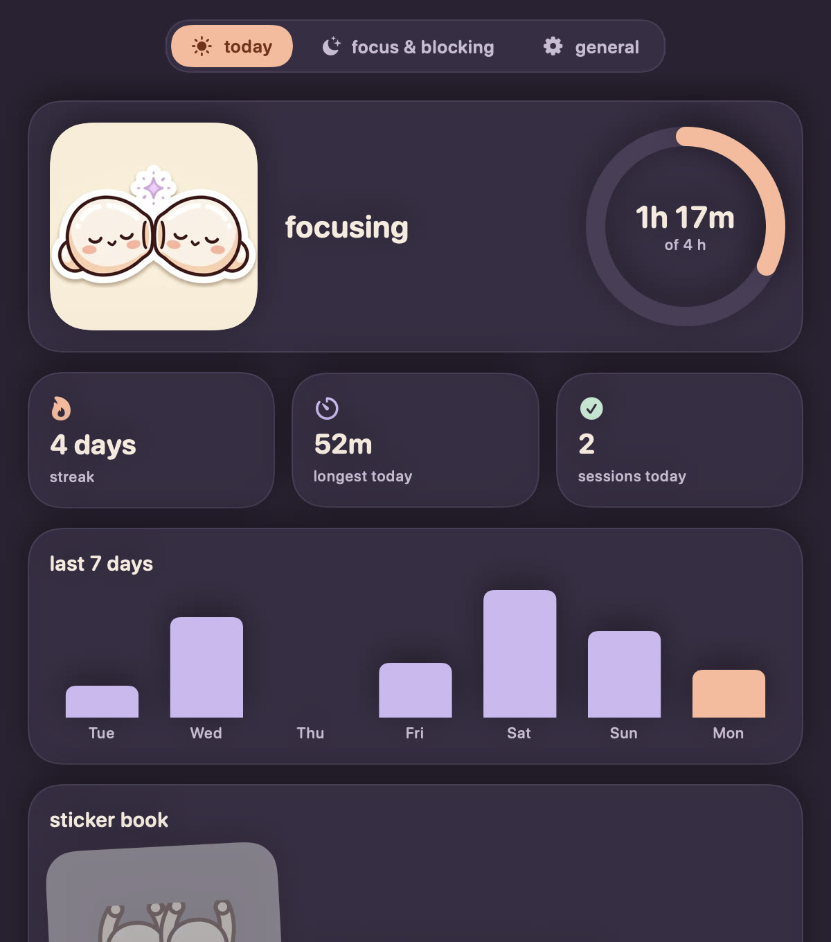 The today tab: the mascot, minutes against the daily goal, streak, longest session, sessions today and the last 7 days.